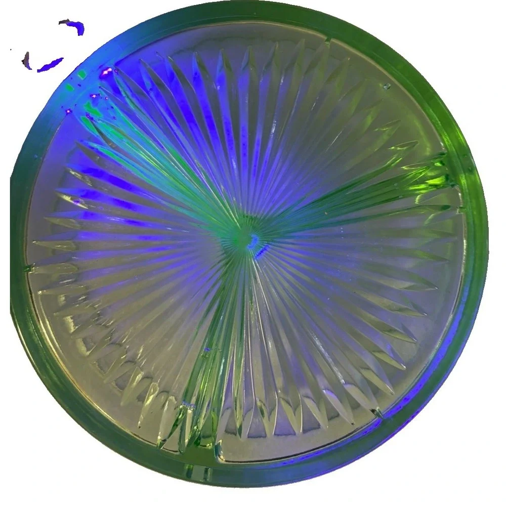 Uranium Glass 3 Compartment Relish Dish Green Depression Starburst UV Glow Vtg
